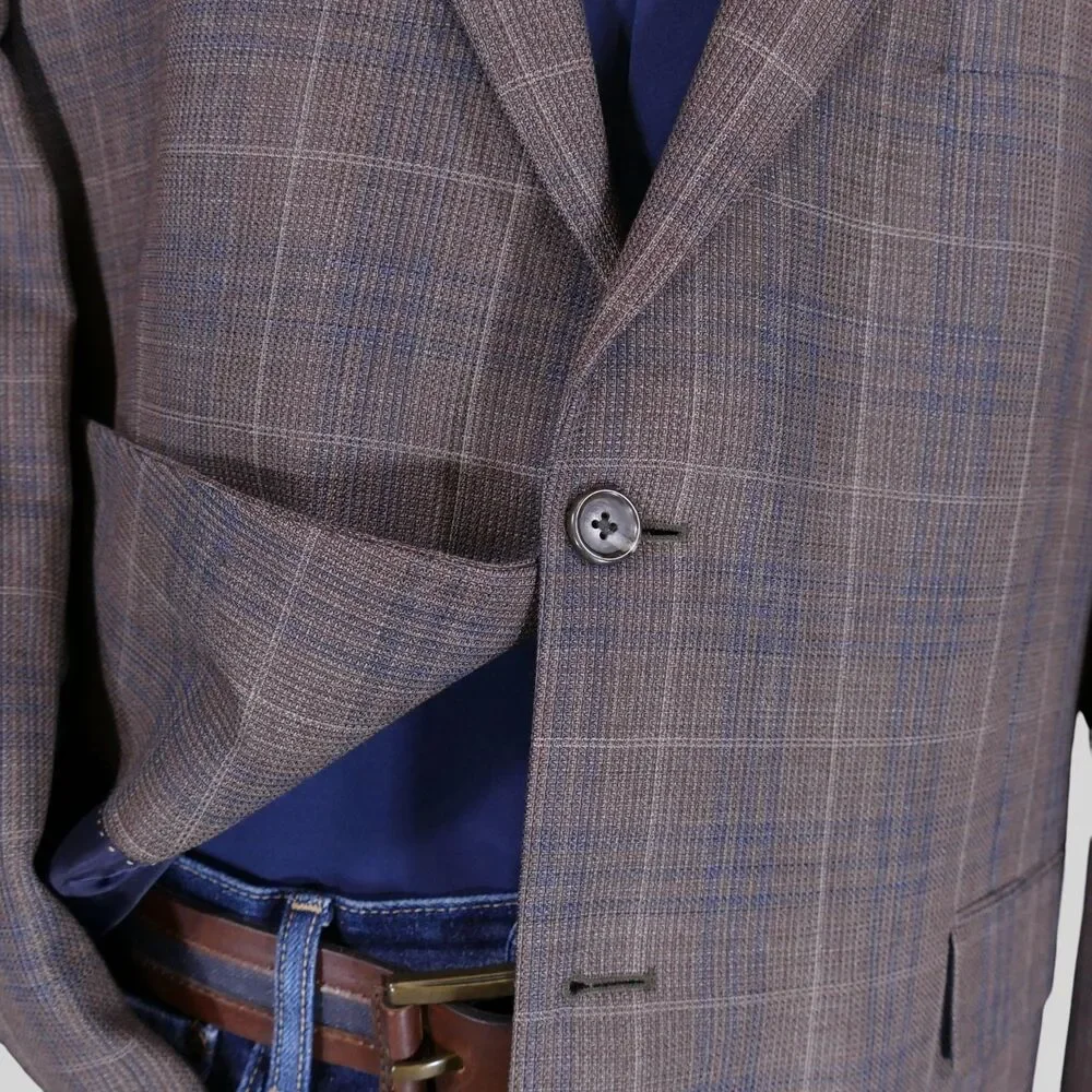 Jos A Bank Reserve Sport Coat Blazer Men 48R Tailored Brown Blue Plaid Wool Silk